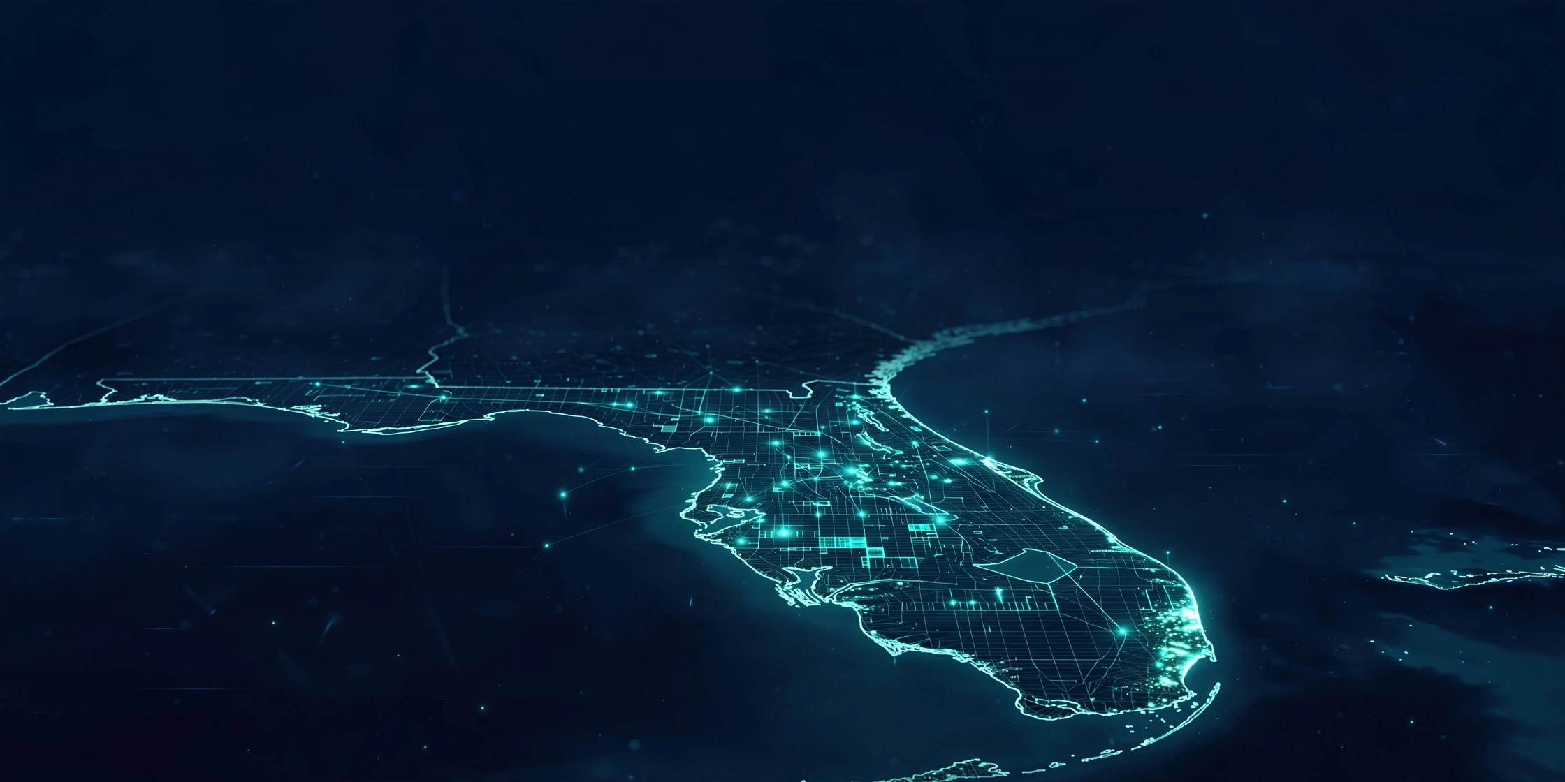 Florida drawn as a glowing grid of parcels and roads over dark water